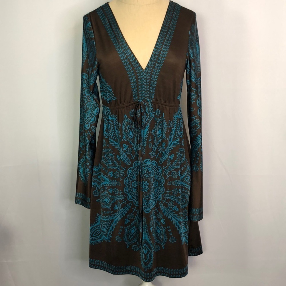 Venus Woman Boho Long Sleeve Teal/Brown Paisley Print Mini Dress Size 6